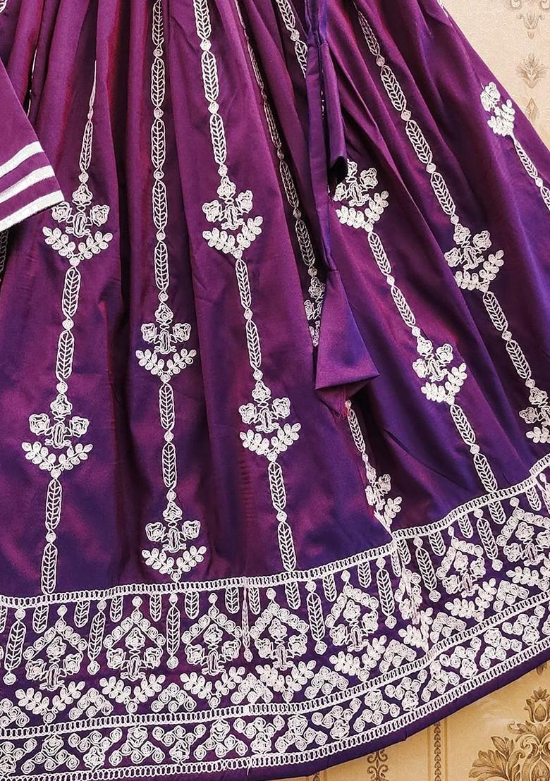 Purple Embroidered Blended Lehenga Choli For Girls - Indya