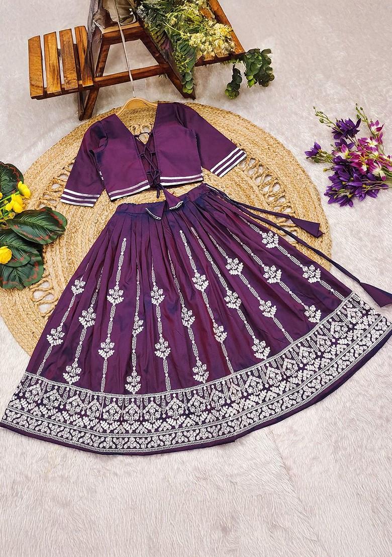Purple Embroidered Blended Lehenga Choli For Girls - Indya