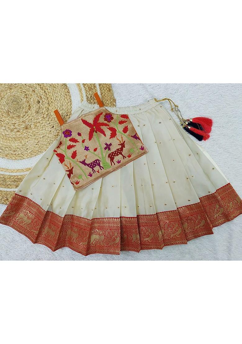 Red Embroidered Blended Lehenga Choli For Girls - Indya