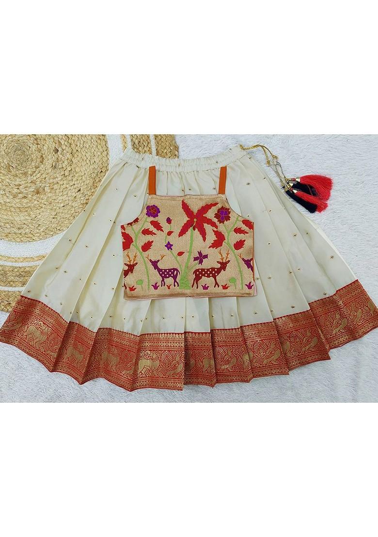 Red Embroidered Blended Lehenga Choli For Girls - Indya