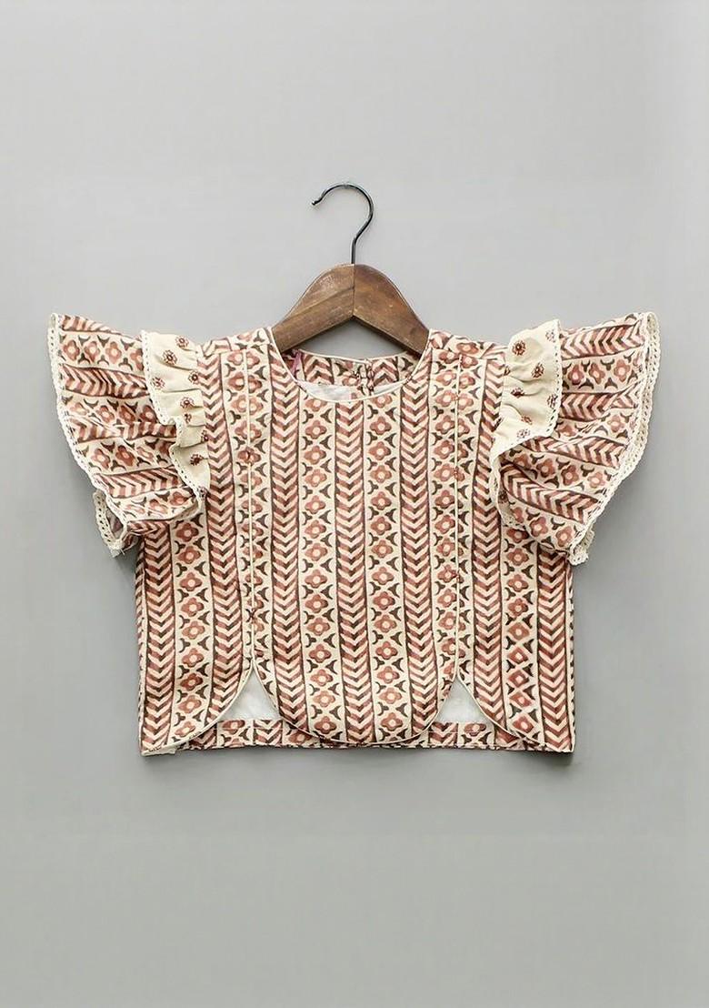 Beige Printed Blended Lehenga Choli For Girls - Indya