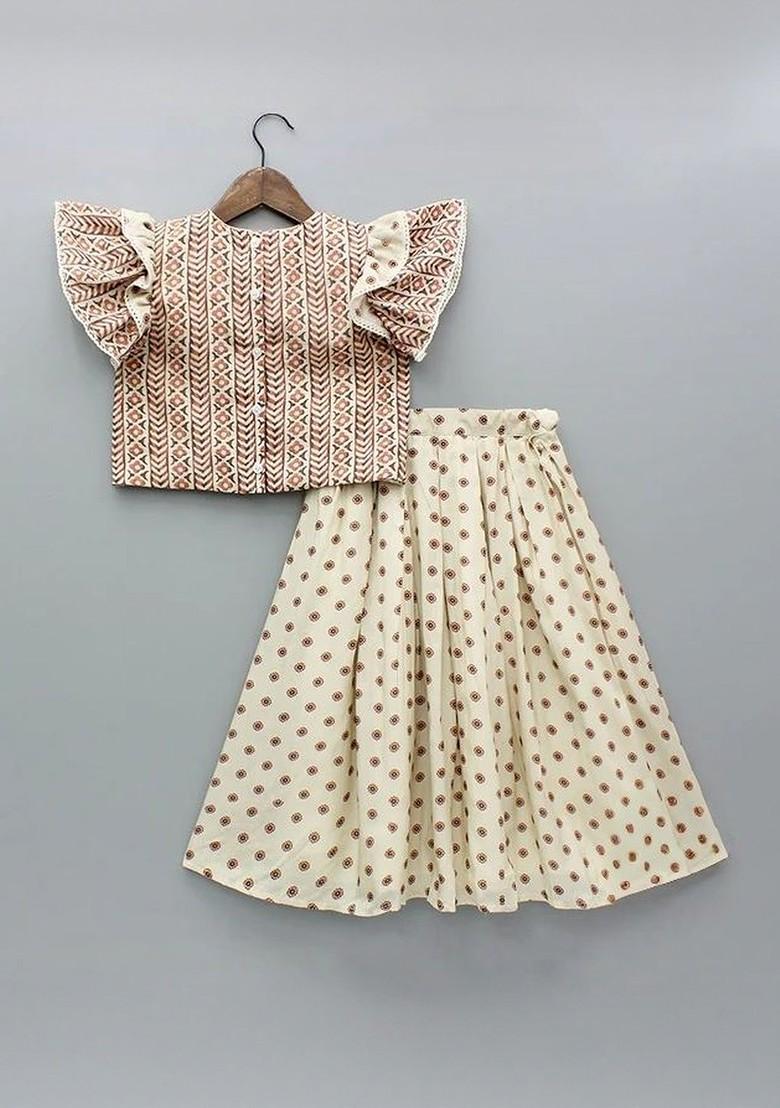 Beige Printed Blended Lehenga Choli For Girls - Indya