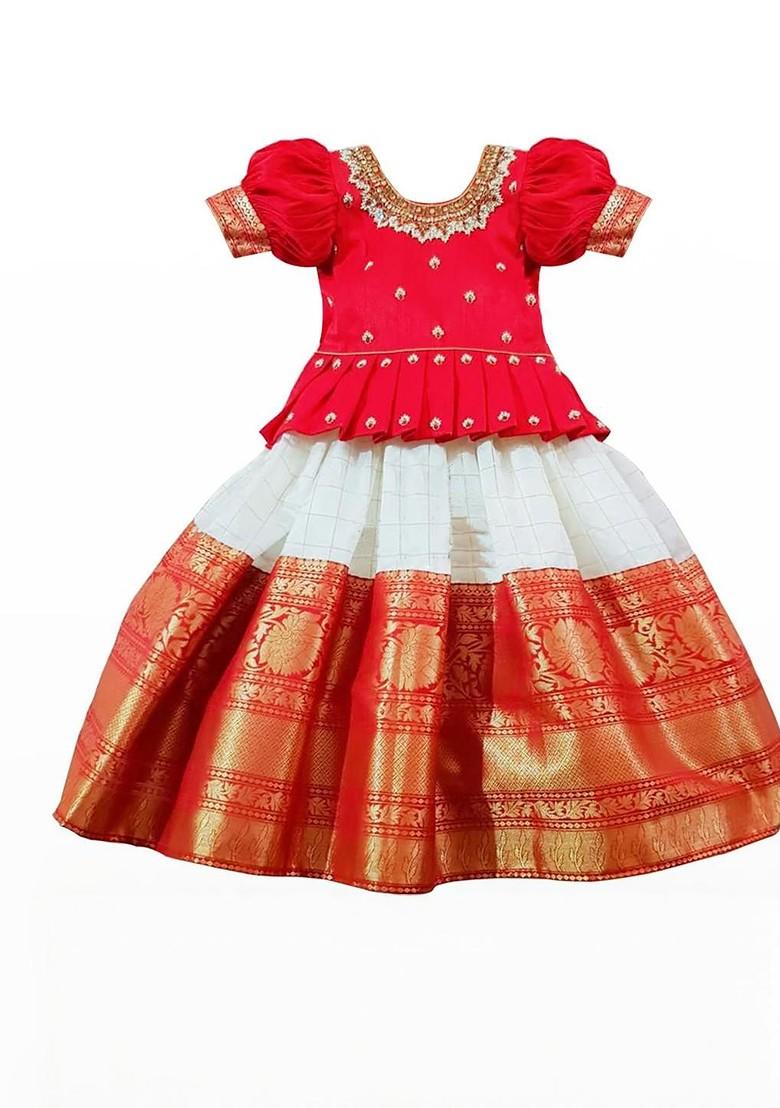 Red Embroidered Blended Lehenga Choli For Girls - Indya