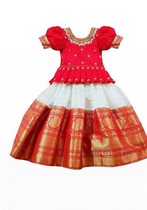 Red Embroidered Blended Lehenga Choli For Girls