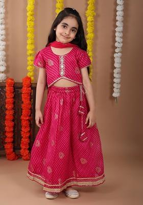 Pink Embellished Cotton Blend Lehenga Choli For Girls