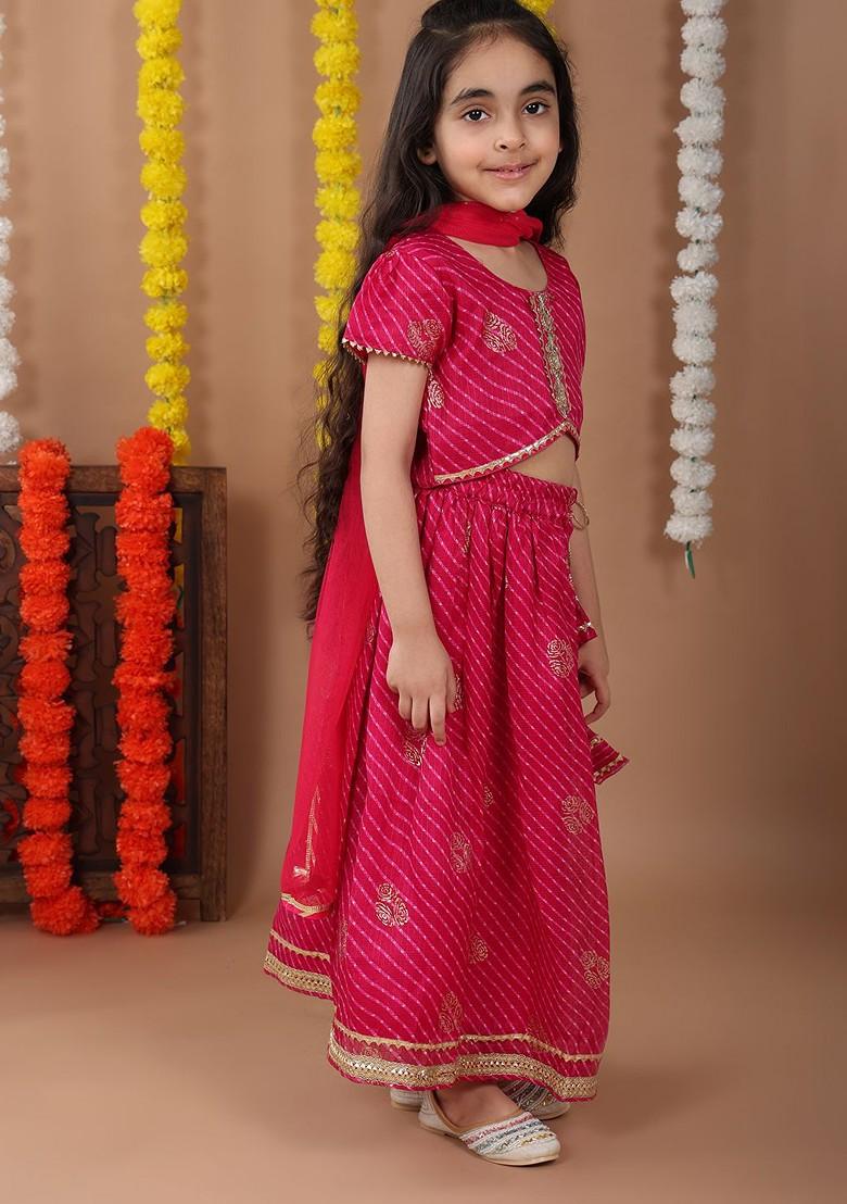Pink Embellished Cotton Blend Lehenga Choli For Girls - Indya