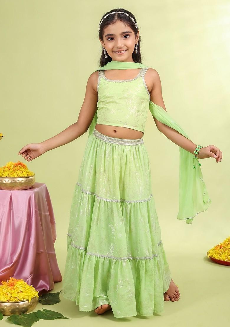 Lime Green Embellished Blended Lehenga Choli For Girls - Indya