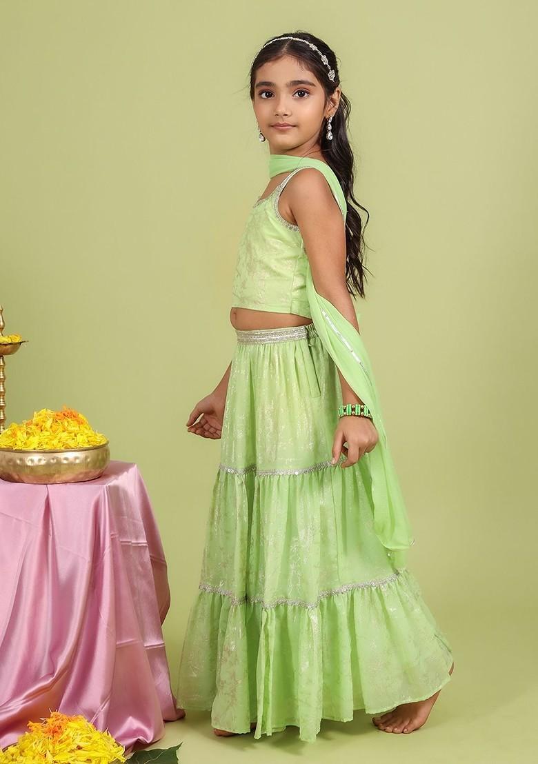 Lime Green Embellished Blended Lehenga Choli For Girls - Indya