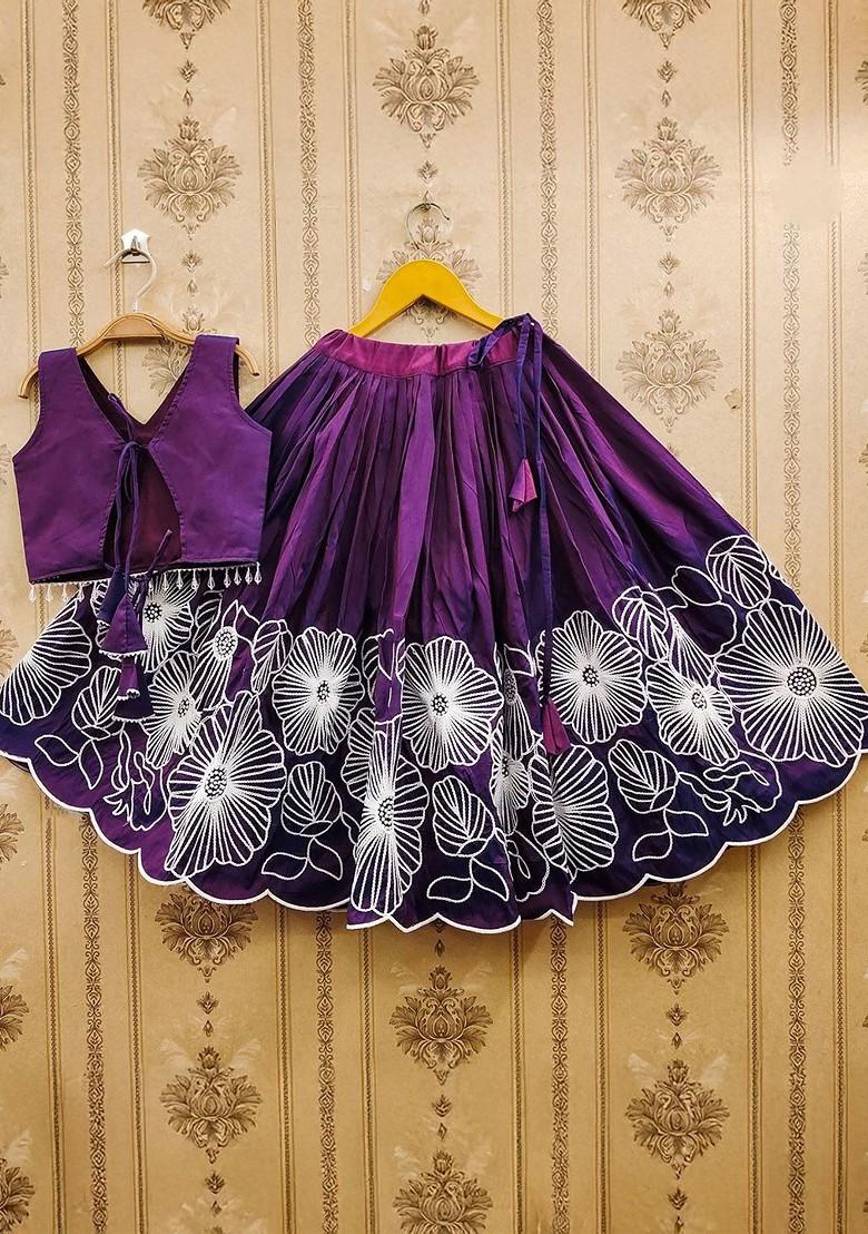 Purple Embroidered Blended Lehenga Choli For Girls - Indya