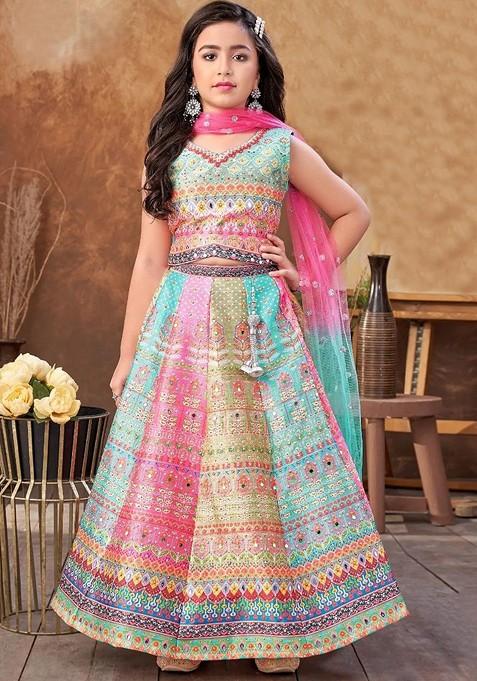 Blue Printed Blended Lehenga Choli For Girls