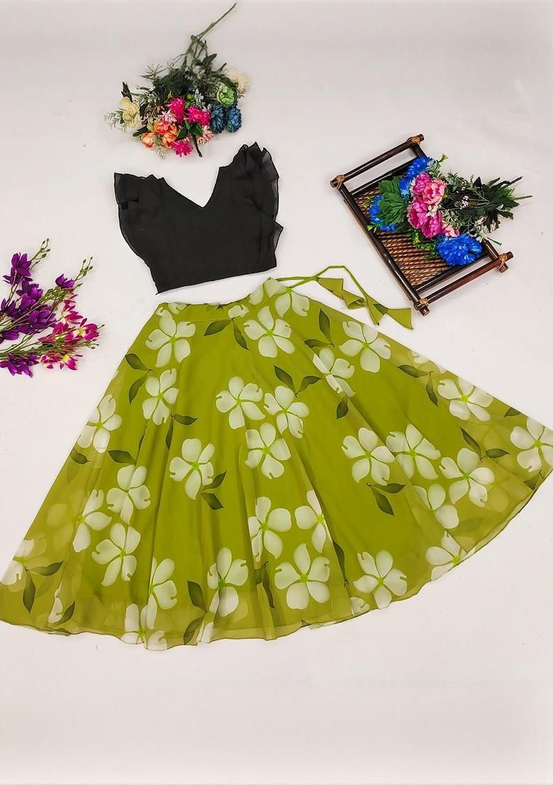 Green Embroidered Georgette Lehenga Choli For Girls - Indya