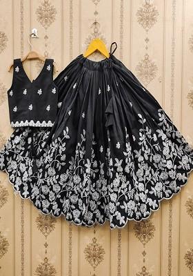 Black Embroidered Blended Lehenga Choli For Girls