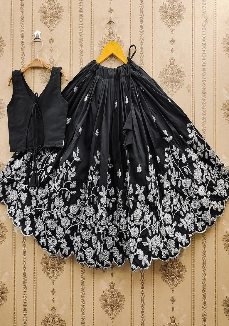 Black Embroidered Blended Lehenga Choli For Girls - Indya