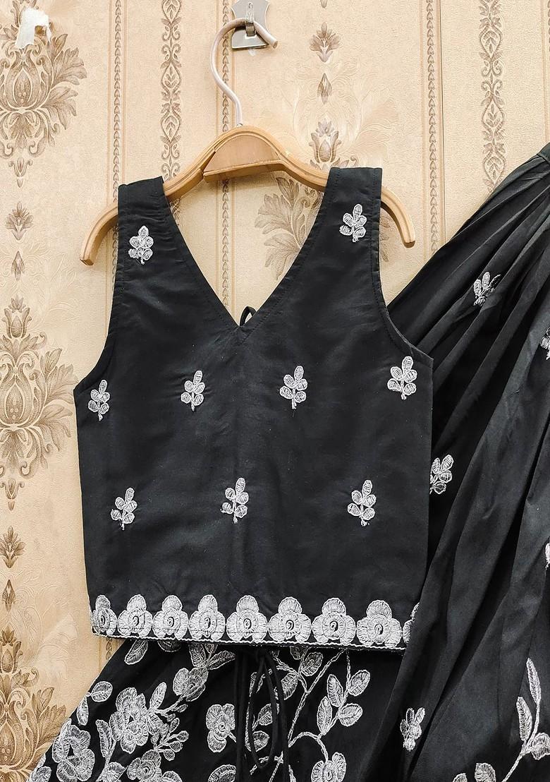 Black Embroidered Blended Lehenga Choli For Girls - Indya