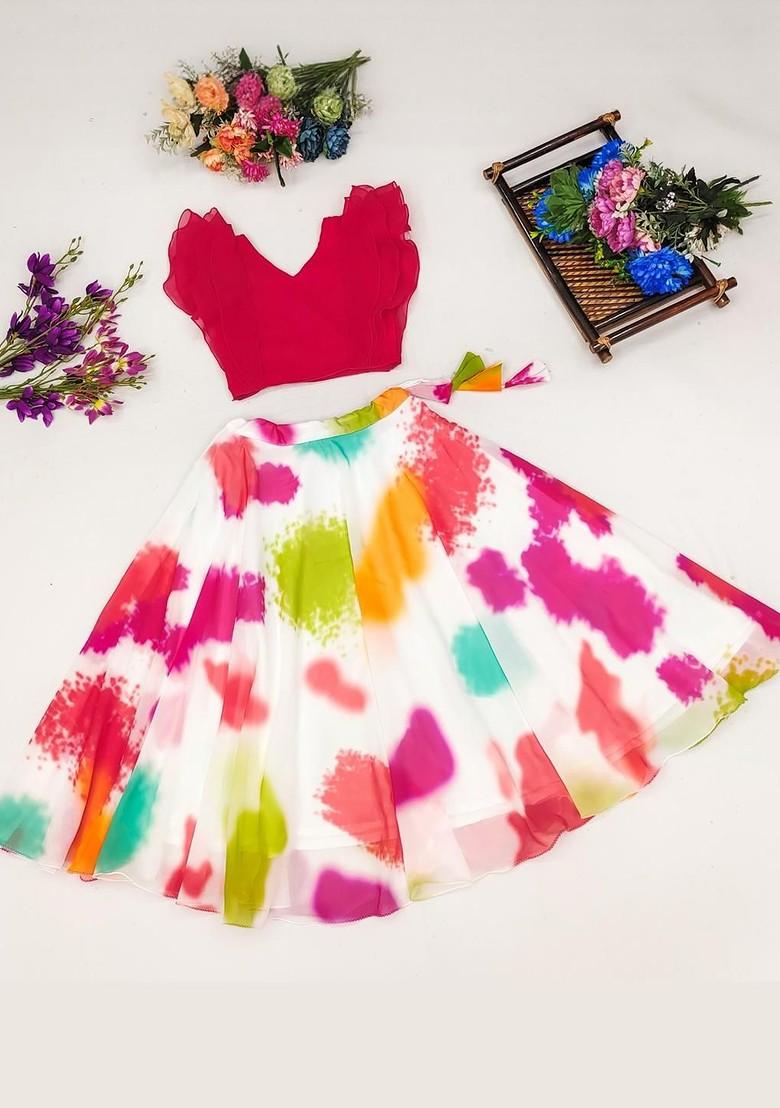 White Embroidered Georgette Lehenga Choli For Girls - Indya