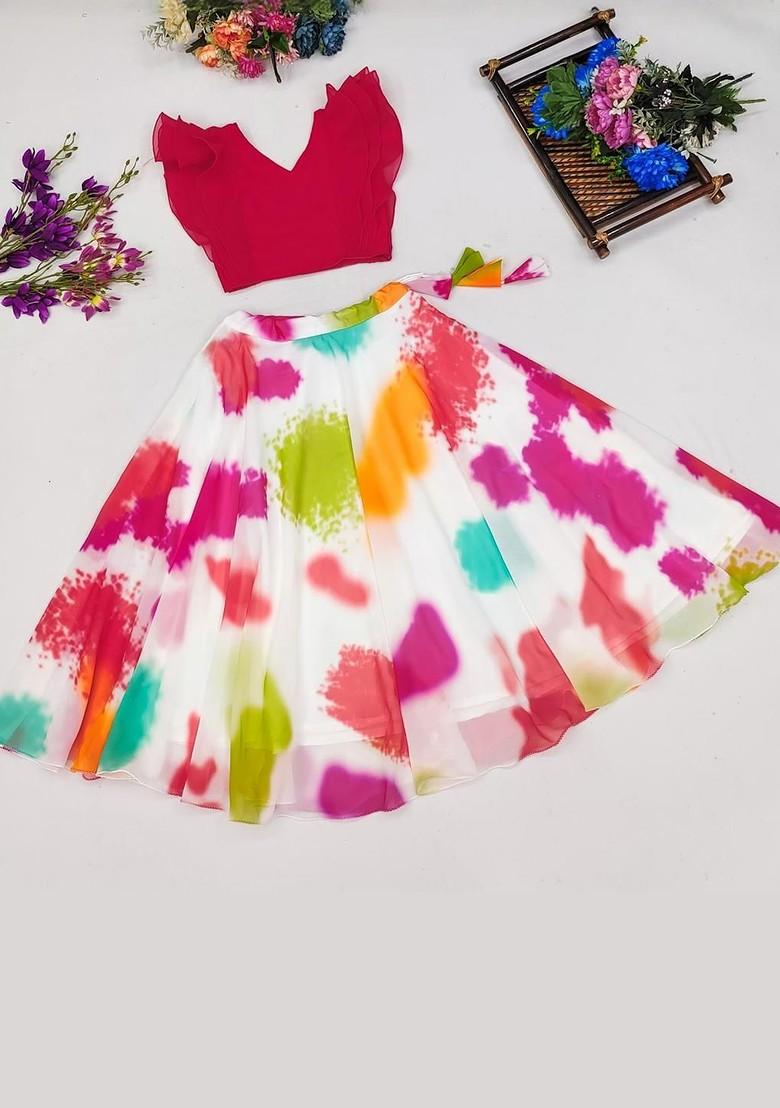 White Embroidered Georgette Lehenga Choli For Girls - Indya