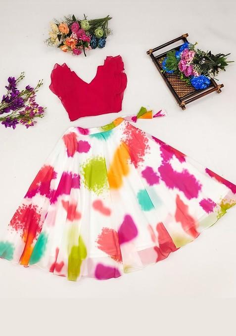 White Embroidered Georgette Lehenga Choli For Girls