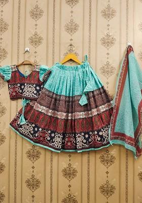 Turquoise Blue Printed Blended Lehenga Choli For Girls