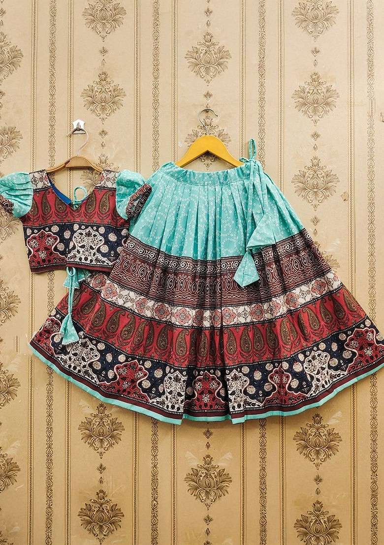 Turquoise Blue Printed Blended Lehenga Choli For Girls - Indya