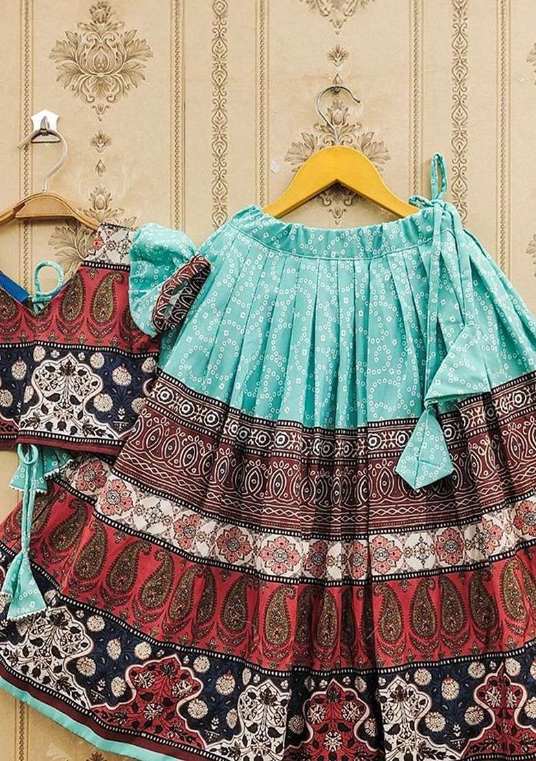Turquoise Blue Printed Blended Lehenga Choli For Girls - Indya