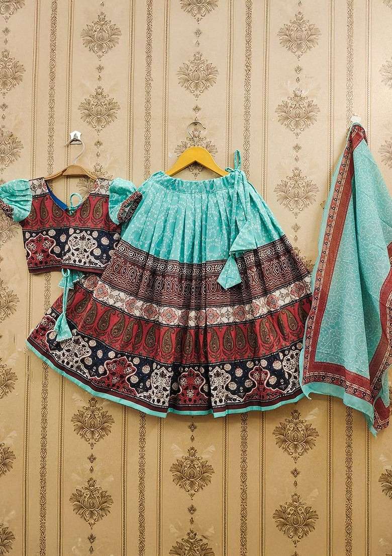 Turquoise Blue Printed Blended Lehenga Choli For Girls - Indya