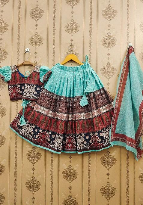 Turquoise Blue Printed Blended Lehenga Choli For Girls — view on Indya