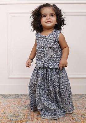 Blue Printed Cotton Blend Lehenga Choli For Girls