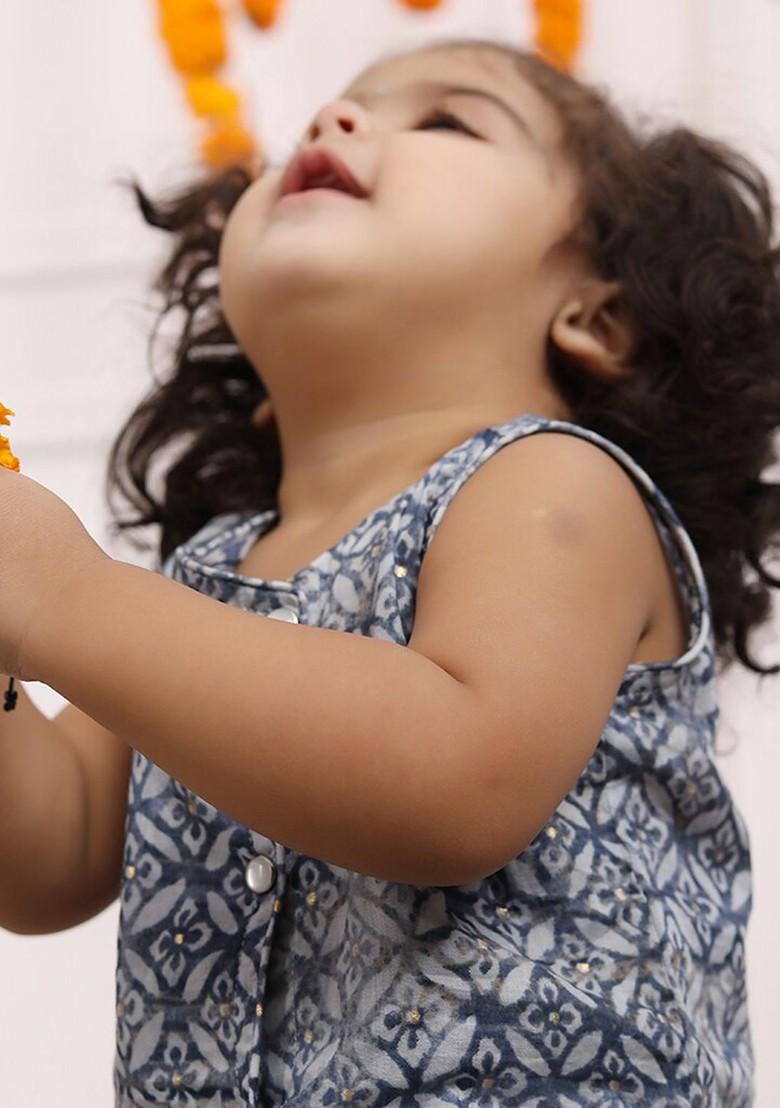 Blue Printed Cotton Blend Lehenga Choli For Girls - Indya