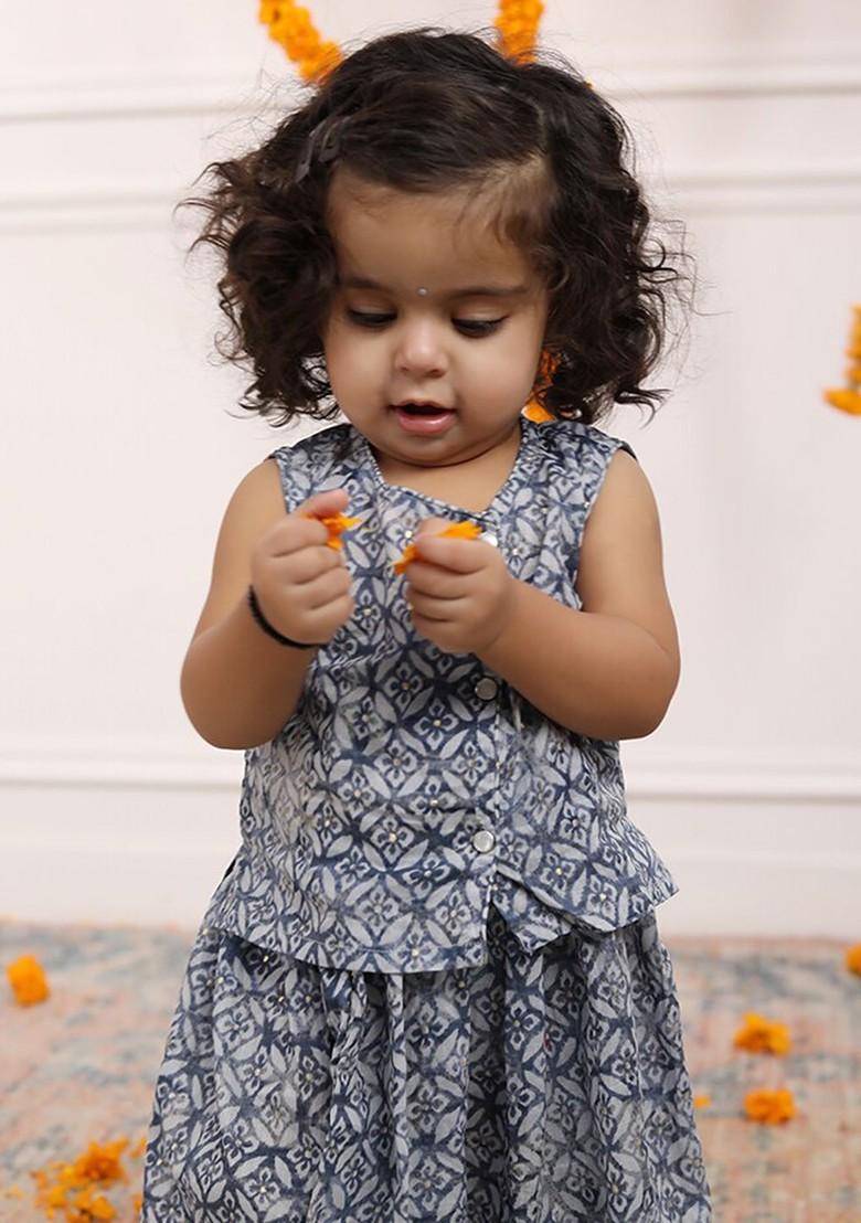 Blue Printed Cotton Blend Lehenga Choli For Girls - Indya