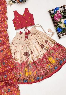 Off White Printed Silk Lehenga Choli For Girls