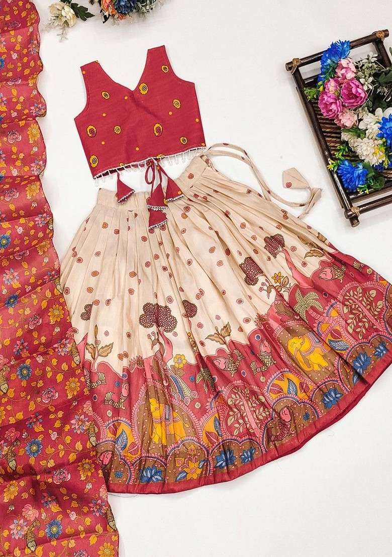 Off White Printed Silk Lehenga Choli For Girls - Indya