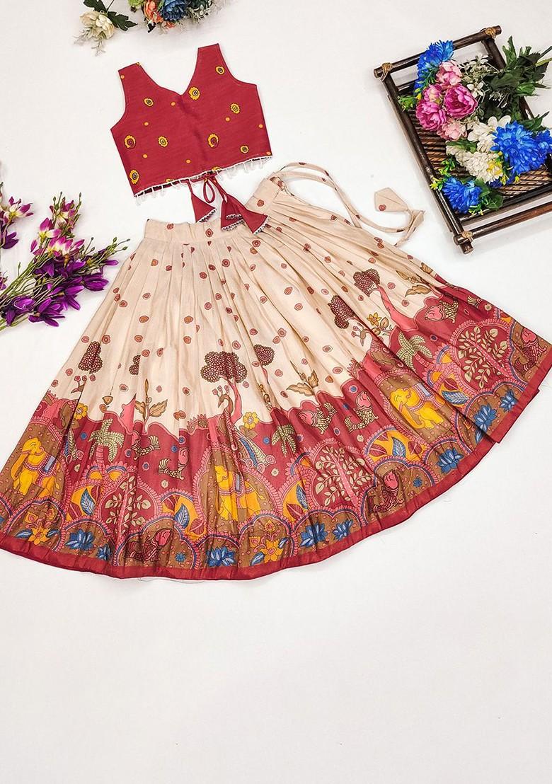 Off White Printed Silk Lehenga Choli For Girls - Indya