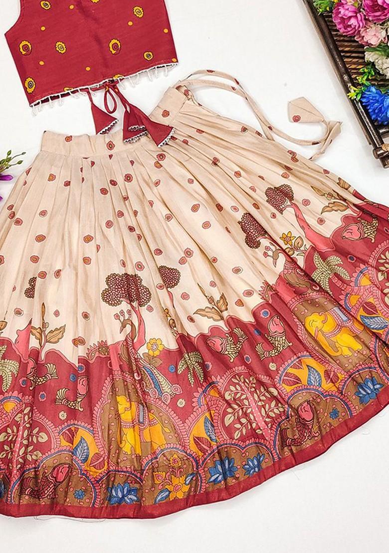 Off White Printed Silk Lehenga Choli For Girls - Indya
