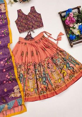 Orange Printed Silk Lehenga Choli For Girls