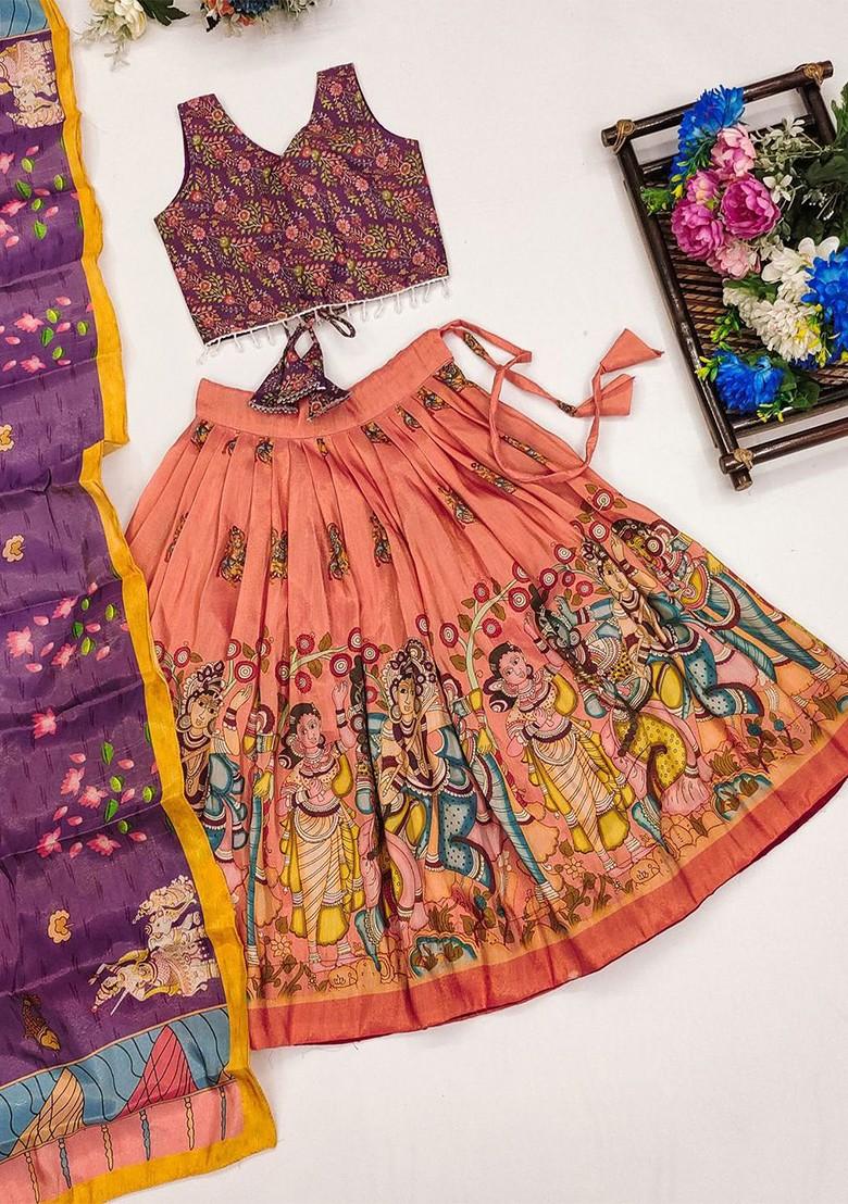 Orange Printed Silk Lehenga Choli For Girls - Indya