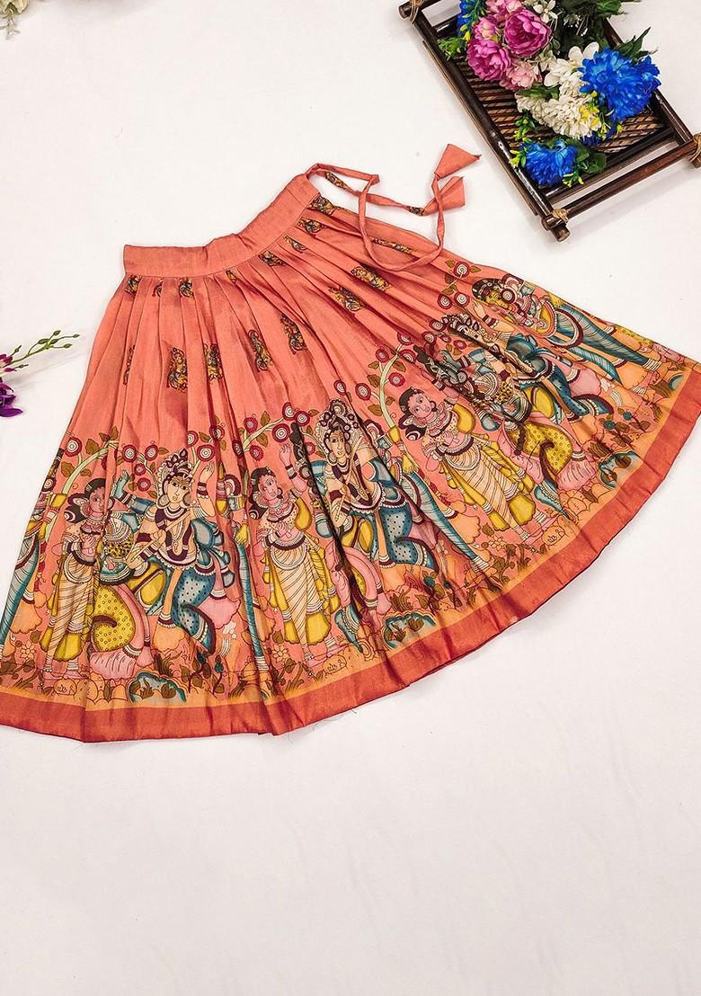 Orange Printed Silk Lehenga Choli For Girls - Indya