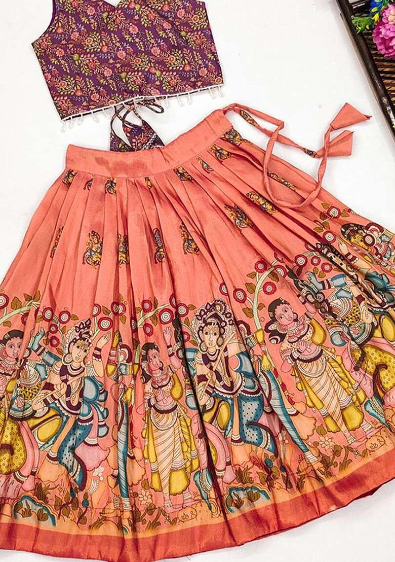 Orange Printed Silk Lehenga Choli For Girls - Indya