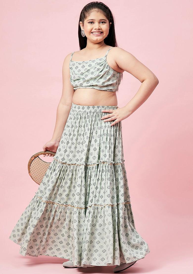 Green Printed Cotton Blend Lehenga Choli For Girls - Indya