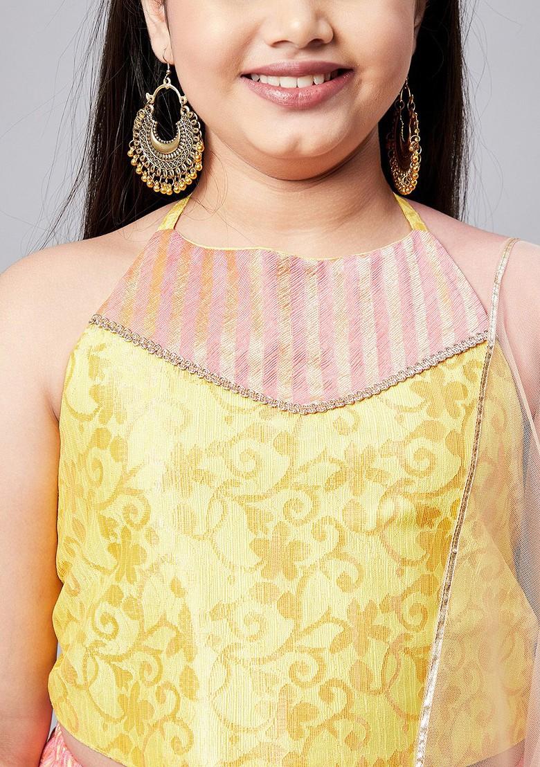 Yellow Printed Blended Lehenga Choli For Girls - Indya