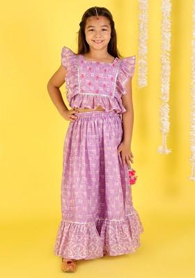 Purple Printed Blended Lehenga Choli For Girls