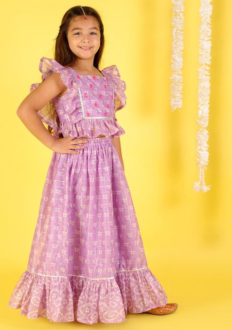Purple Printed Blended Lehenga Choli For Girls - Indya