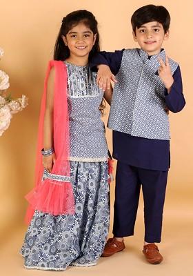 Navy Blue Printed Blended Lehenga Choli For Girls