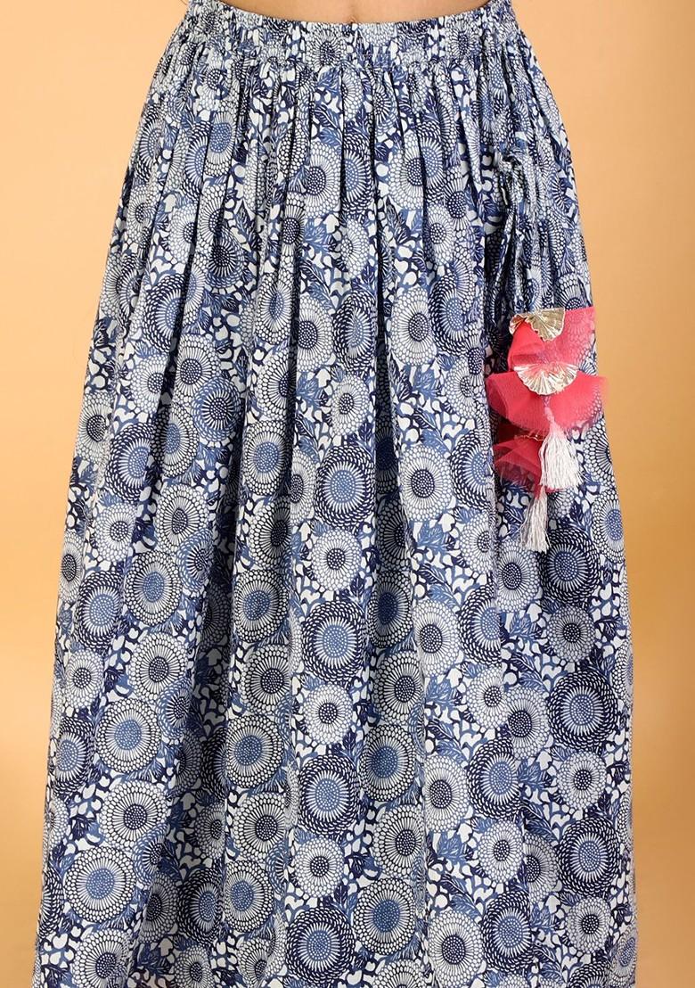 Navy Blue Printed Blended Lehenga Choli For Girls - Indya