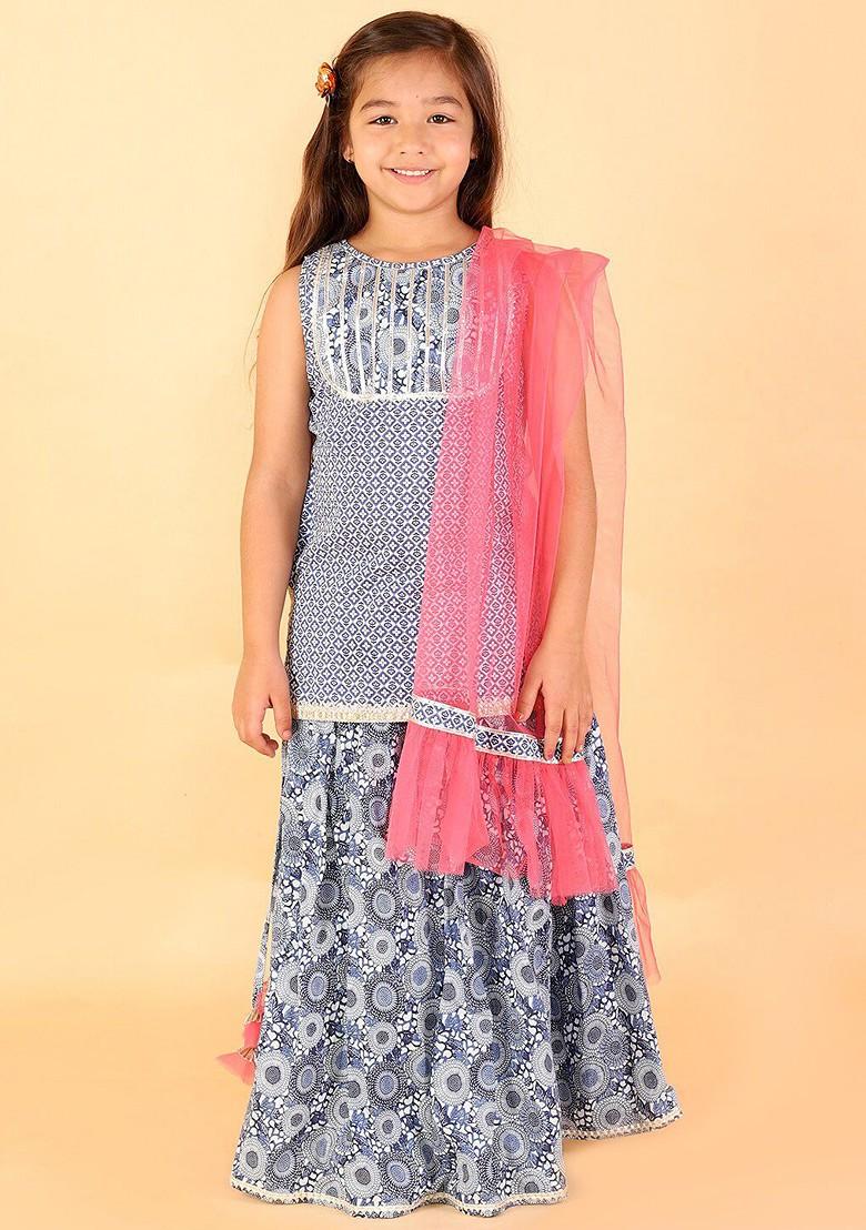 Navy Blue Printed Blended Lehenga Choli For Girls - Indya