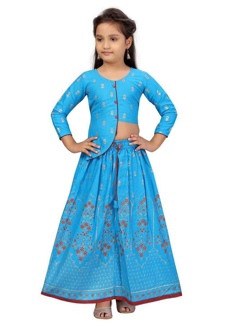 Turquoise Blue Printed Cotton Blend Lehenga Choli For Girls - Indya