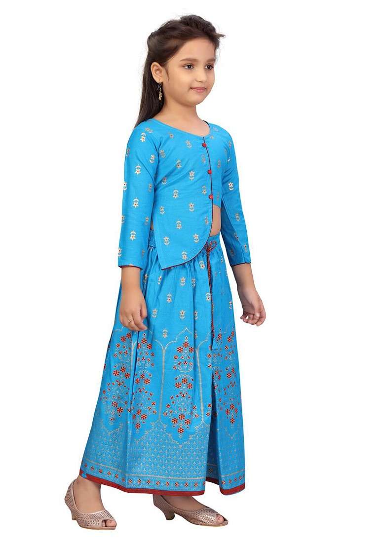 Turquoise Blue Printed Cotton Blend Lehenga Choli For Girls - Indya