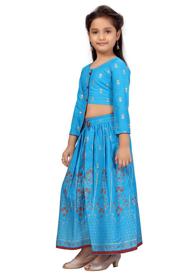 Turquoise Blue Printed Cotton Blend Lehenga Choli For Girls - Indya