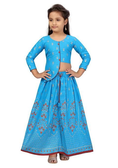 Turquoise Blue Printed Cotton Blend Lehenga Choli For Girls — view on Indya