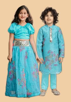 Green Embroidered Blended Lehenga Choli For Girls