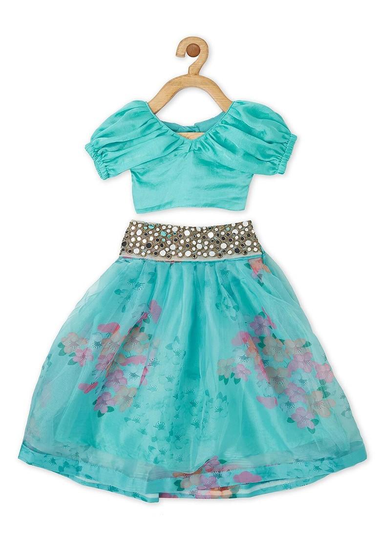 Green Embroidered Blended Lehenga Choli For Girls - Indya